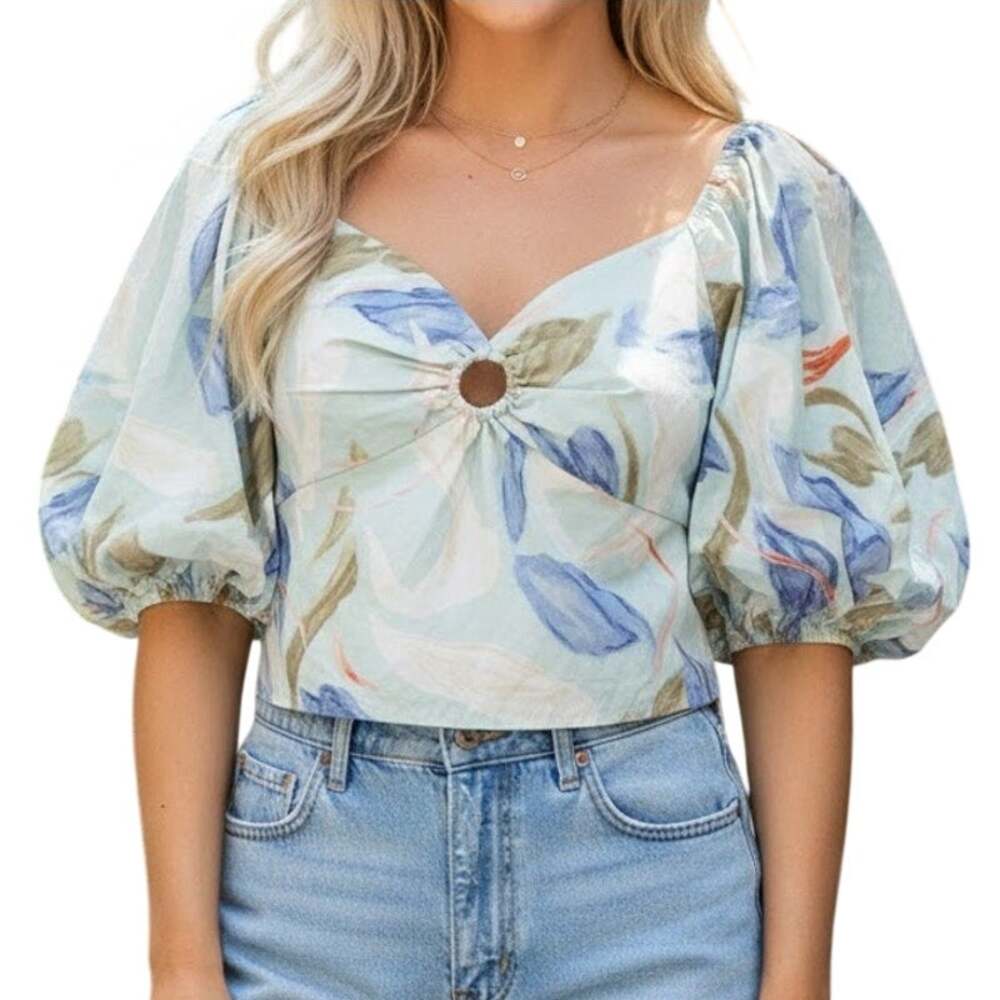Abercrombie & Fitch Blue White Green Floral Smocked Puff Sleeve Crop Top size L